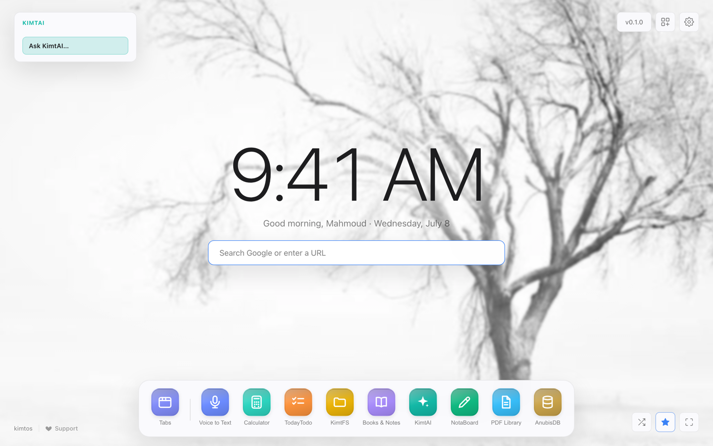 A KimtOS new tab: a large clock, a search bar, and a dock of app icons over a light wallpaper.