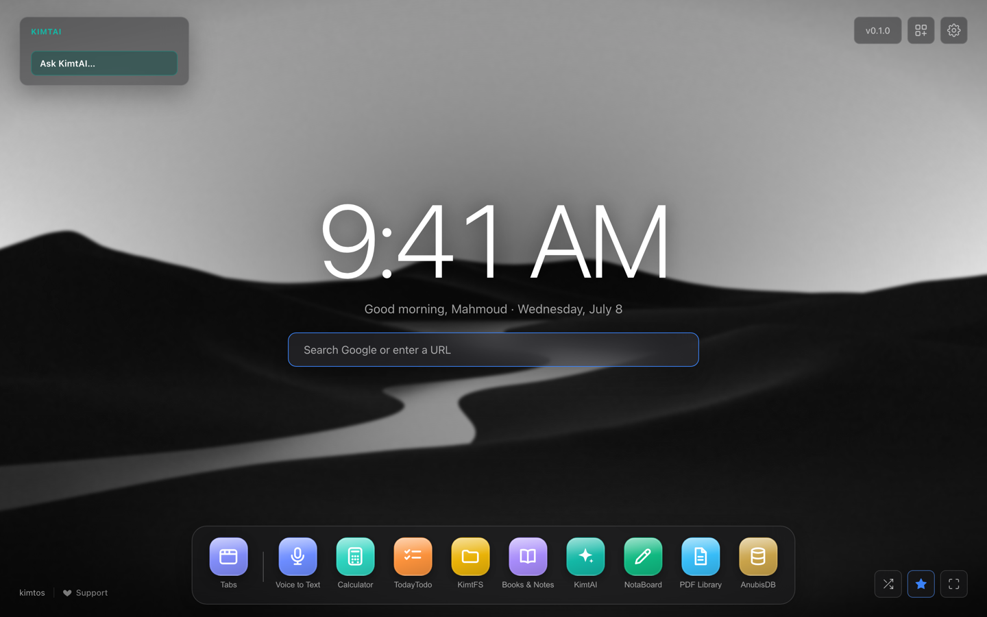 A KimtOS new tab: a large clock, a search bar, and a dock of app icons over a dark wallpaper.